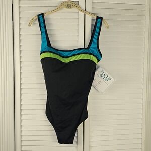 NWT It Figures‎ Womens Black Peacock One Piece Swimsuit 14